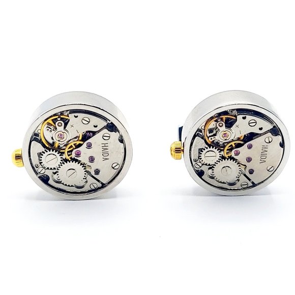 Functional Men's Brushed Steel Gold & Silver Watch Movement Cufflinks Links Time - Picture 3 of 7